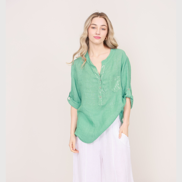 Wednesday Lulu women’s 100% linen top in Tiffany, relaxed fit