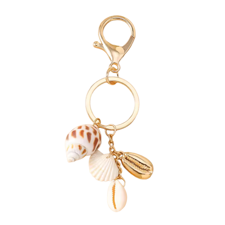 Multi shell keyring with 3 natural shells and gold cowrie on gold keyring, 11cm coastal accessory