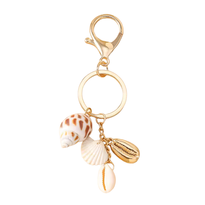 Multi shell keyring with 3 natural shells and gold cowrie on gold keyring, 11cm coastal accessory