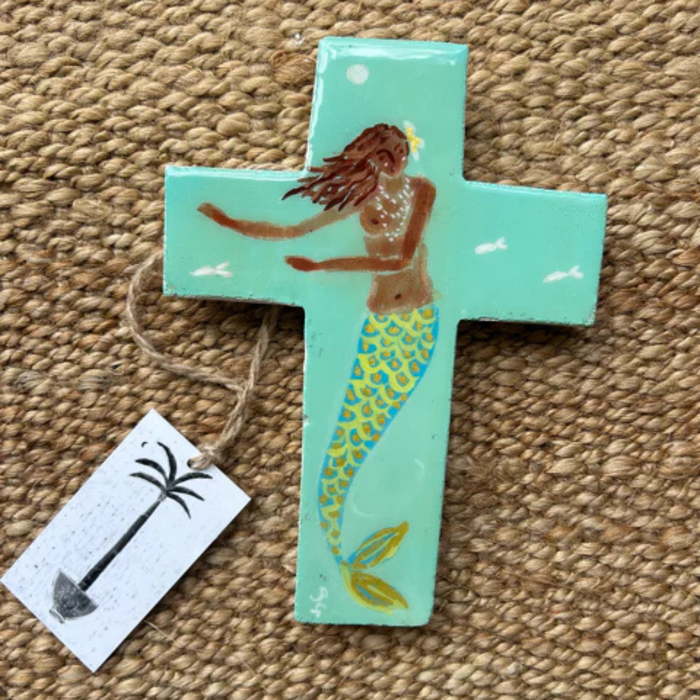 Mermaid Cross 12 original plaster art by Sue Fantini with metallic highlights