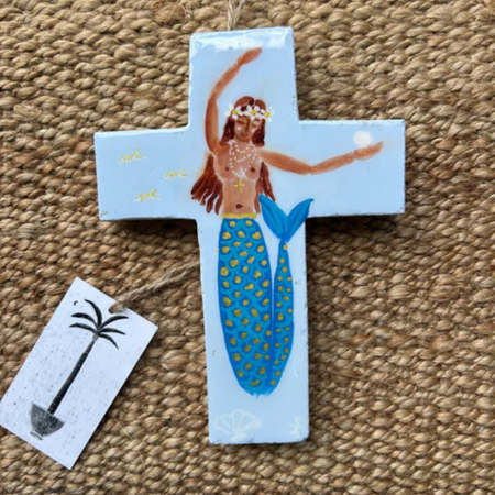 Mermaid Cross 10 original hand-painted art on plaster by Sue Fantini