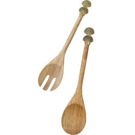 Acacia wood and metal server set of 2 with gold shell detail