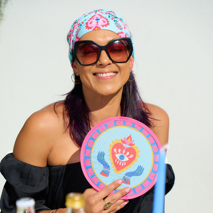 Fiesta design twist fans with matching pouches—compact, portable fans that fold to fit in your purse.