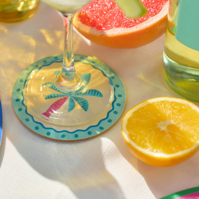 Brighten your table with this 6-piece Fiesta coaster set! Heat-resistant, cork-backed & easy to clean—perfect for coastal homes & gifting.