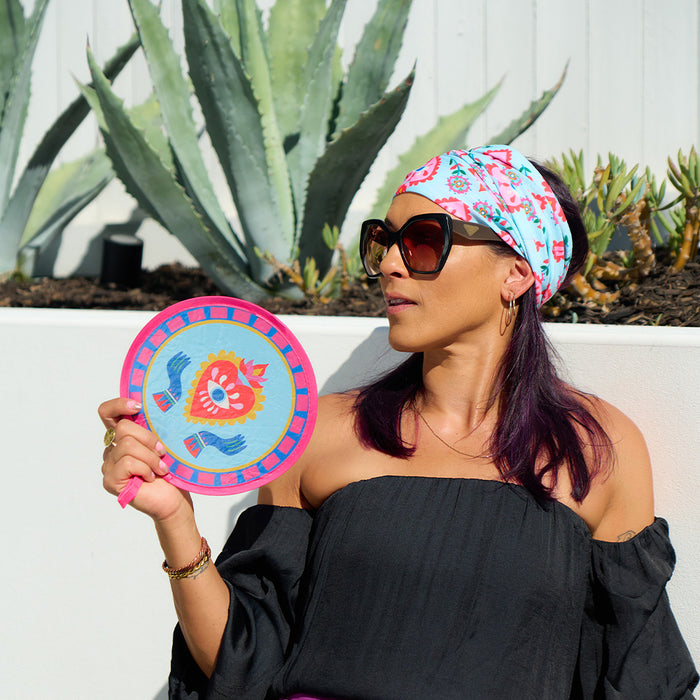 Fiesta design twist fans with matching pouches—compact, portable fans that fold to fit in your purse.