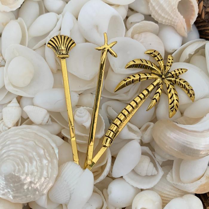 Palm, Shell + Starfish Hair Clips - Gold