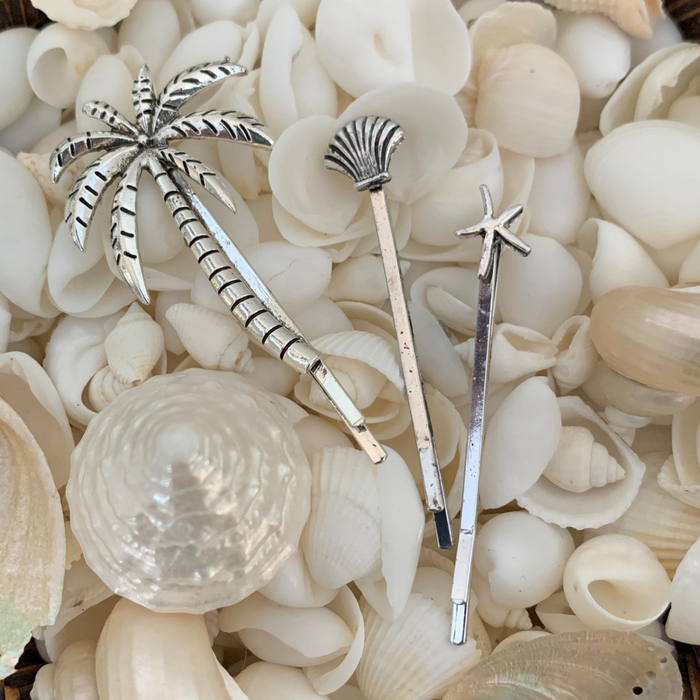 Palm, Shell + Starfish Hair Clips - Silver