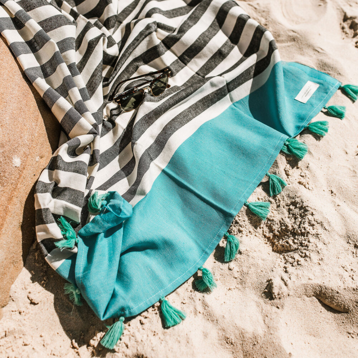 Bora Bora Turkish Towel - Black + Turquoise